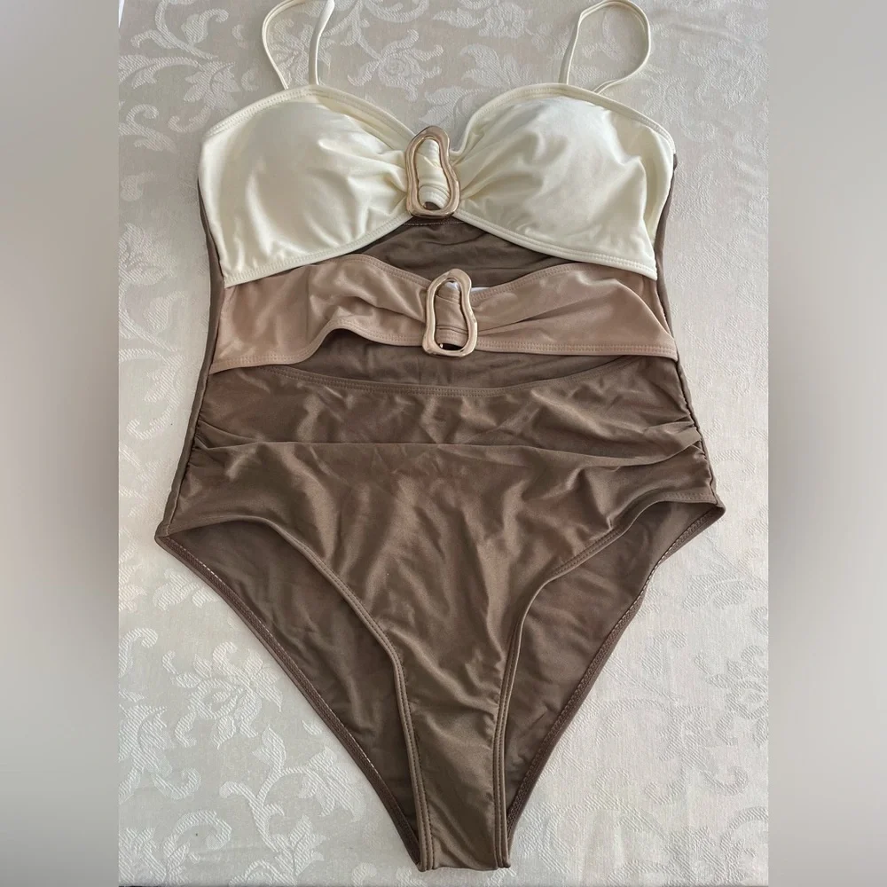 Elegant Cream and Brown One-Piece Swimsuit - Picture 1 of 5